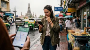Traveler using Google Maps in Thailand with a Thailand eSIM for navigation, transportation, ferries, and travel planning.