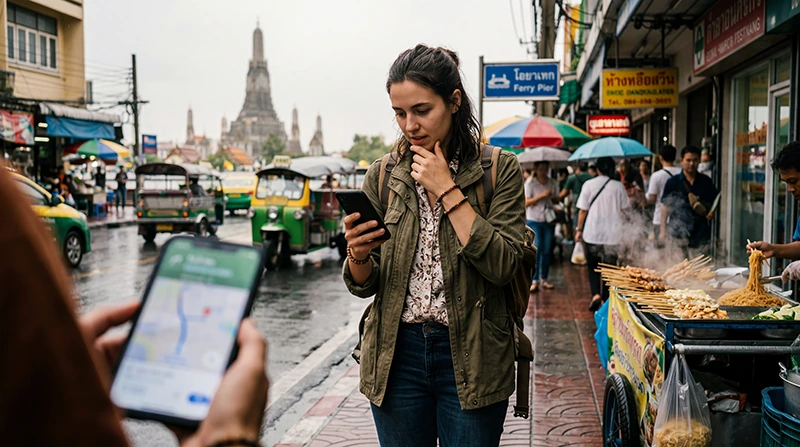 Traveler using Google Maps in Thailand with a Thailand eSIM for navigation, transportation, ferries, and travel planning.