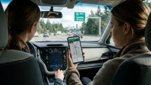 Traveler using Google Maps with mobile internet and a USA eSIM while navigating across the United States.