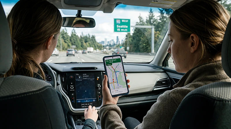 Traveler using Google Maps with mobile internet and a USA eSIM while navigating across the United States.