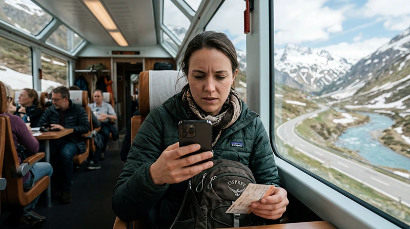 Traveler checking roaming costs and mobile internet settings while traveling in Switzerland.