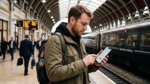 Traveler checking roaming costs and mobile internet settings while visiting the United Kingdom.