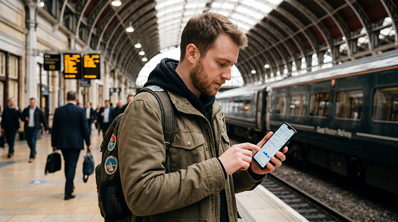 Traveler checking roaming costs and mobile internet settings while visiting the United Kingdom.