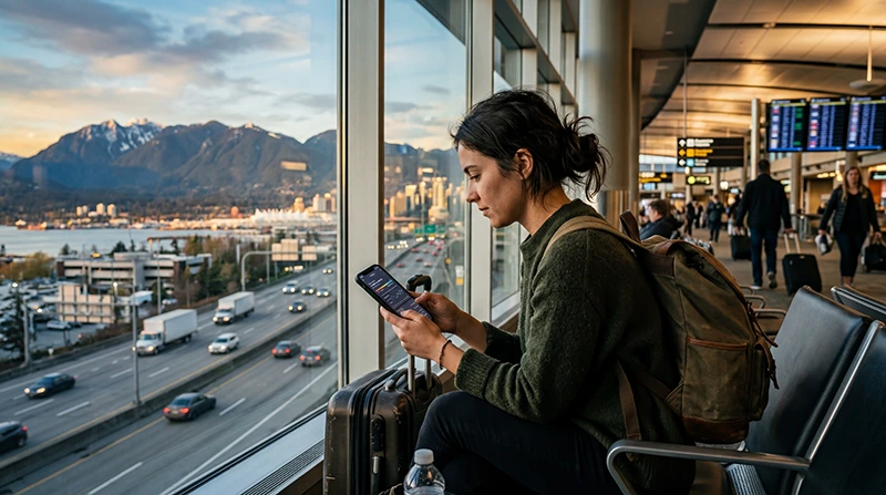 Traveler checking mobile data usage for Canada trip on smartphone