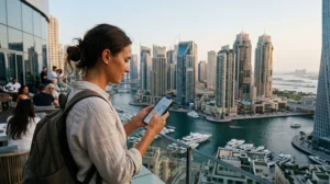 Traveler using mobile data in Dubai with smartphone near Burj Khalifa and city skyline.