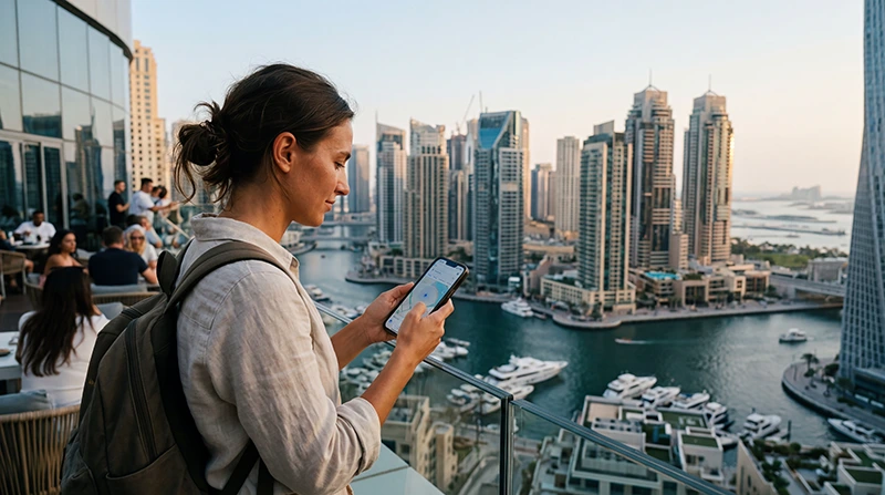 Traveler using mobile data in Dubai with smartphone near Burj Khalifa and city skyline.