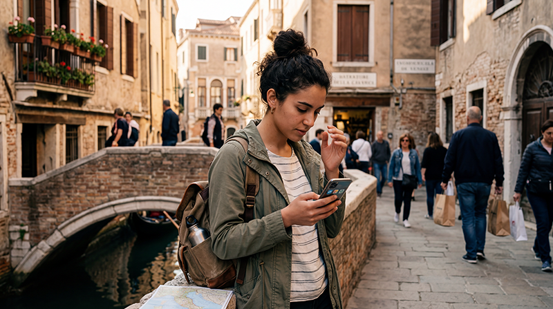 Traveler checking mobile data usage while traveling in Italy