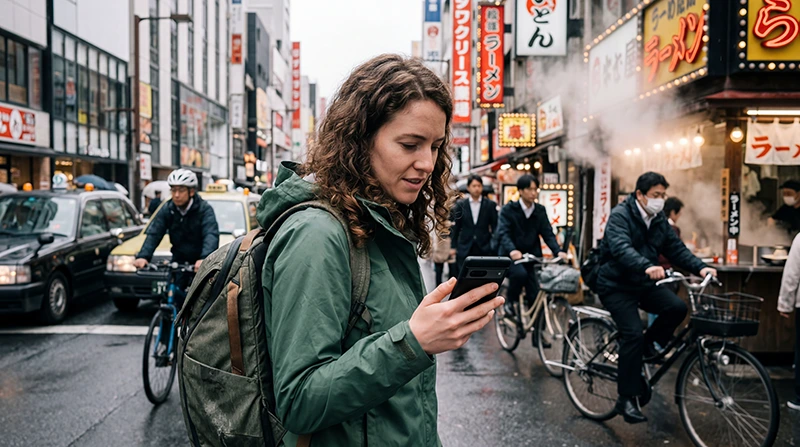 Traveler using mobile data apps and internet while traveling across Japan.