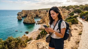 Tourist using Portugal eSIM and mobile data while traveling across Portugal