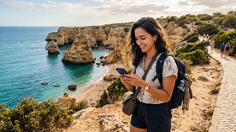 Tourist using Portugal eSIM and mobile data while traveling across Portugal