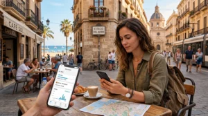 Traveler checking mobile data usage and eSIM internet in Spain
