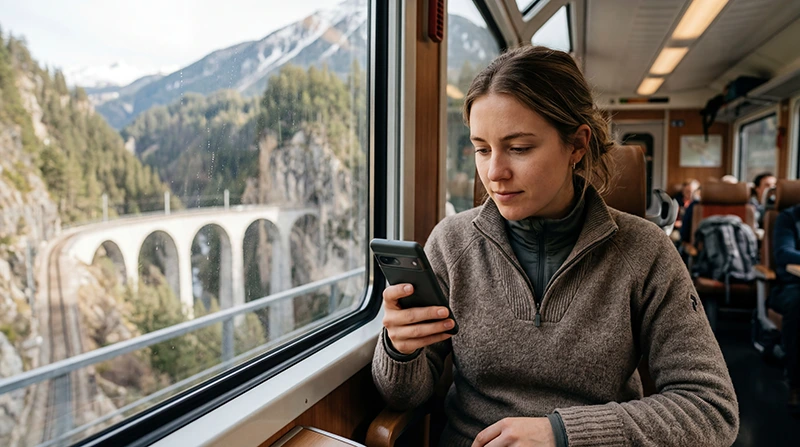 Traveler using mobile data and eSIM internet while traveling in Switzerland.