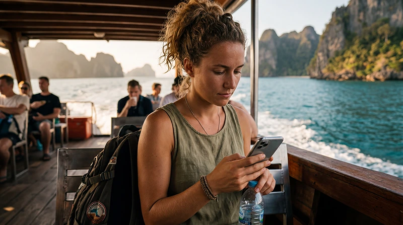 Traveler using mobile data in Thailand with a Thailand eSIM for maps, streaming, hotspot, social media, and travel apps.