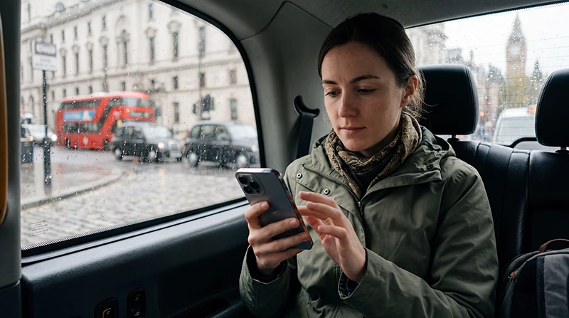 Traveler using maps, social media, and mobile internet while traveling in the United Kingdom.
