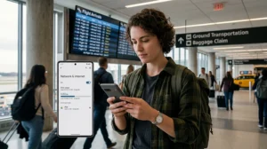 Traveler checking how much mobile data they need for maps, apps, hotspot, and internet while visiting the USA.