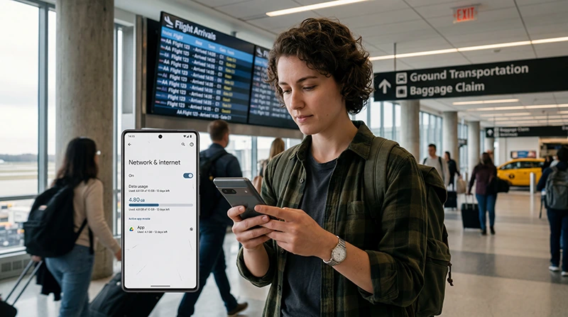Traveler checking how much mobile data they need for maps, apps, hotspot, and internet while visiting the USA.