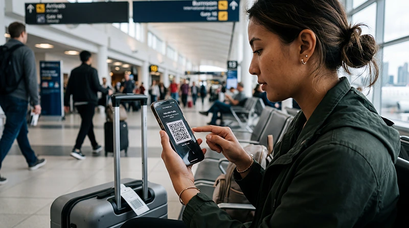 Traveler activating Canada eSIM on smartphone before travel