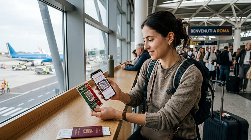 Traveler activating Italy eSIM on smartphone before traveling