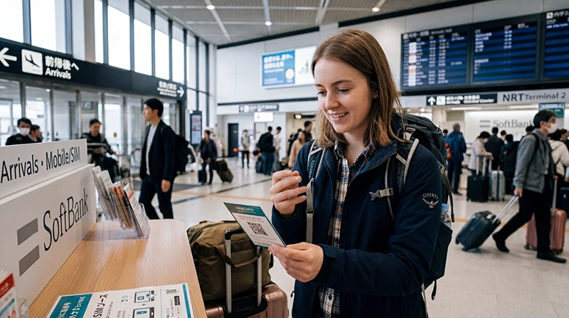 Traveler activating a Japan eSIM on a smartphone while traveling in Japan.