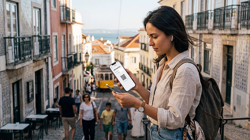 Traveler activating Portugal eSIM on smartphone before using mobile internet in Portugal