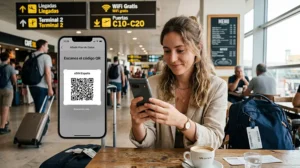 Traveler activating Spain eSIM on smartphone before travel