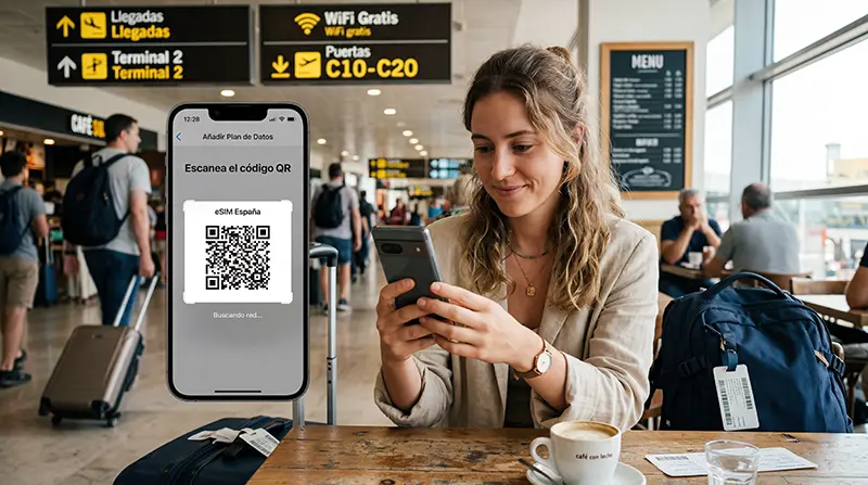 Traveler activating Spain eSIM on smartphone before travel
