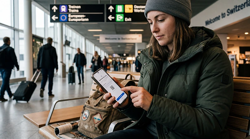 Traveler activating Switzerland eSIM on smartphone before travel.