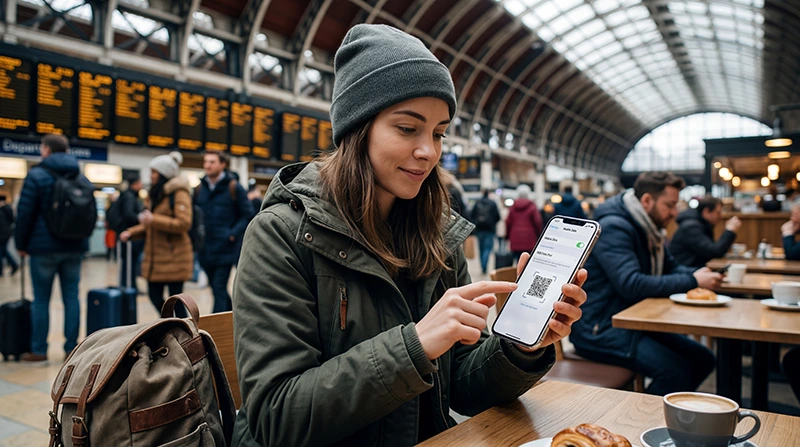 Traveler activating a UK eSIM on a smartphone before traveling to the United Kingdom.