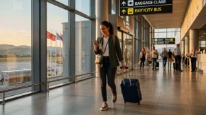 Traveler activating mobile internet and eSIM after landing at Tirana Airport in Albania.