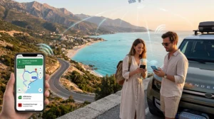 Tourists using eSIM mobile internet and navigation apps while traveling in Albania.