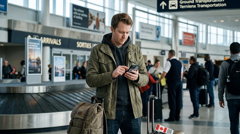 Traveler getting mobile internet and eSIM connectivity while traveling in Canada.