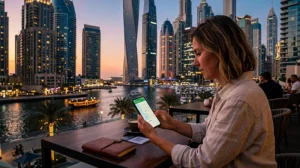Tourist getting internet in Dubai with a smartphone and Dubai eSIM near Burj Khalifa.