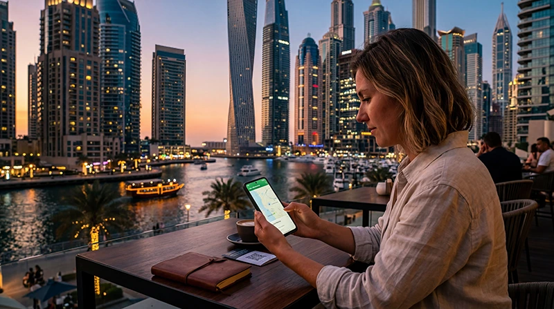 Tourist getting internet in Dubai with a smartphone and Dubai eSIM near Burj Khalifa.