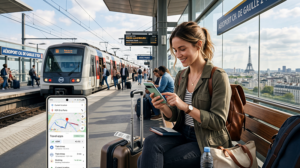Tourist getting internet in France using France eSIM and mobile data while traveling