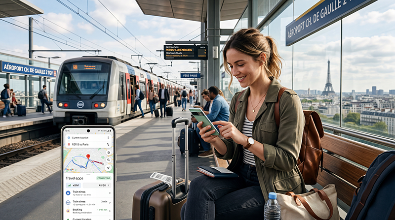 Tourist getting internet in France using France eSIM and mobile data while traveling