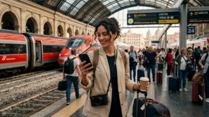 Traveler getting mobile internet in Italy using smartphone and eSIM