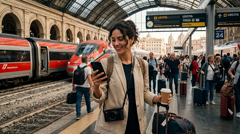 Traveler getting mobile internet in Italy using smartphone and eSIM