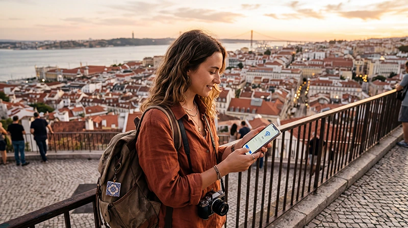Traveler getting internet access in Portugal using eSIM and mobile data