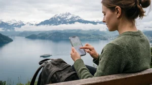 Traveler getting mobile internet access in Switzerland using a smartphone and eSIM.