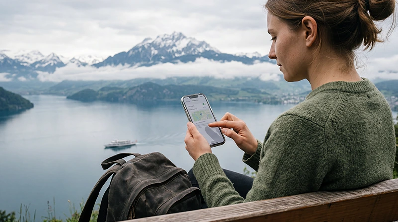 Traveler getting mobile internet access in Switzerland using a smartphone and eSIM.