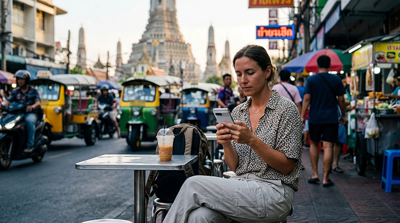 Traveler getting internet in Thailand with an eSIM for maps, ride-hailing apps, hotel bookings, messaging, and travel planning.