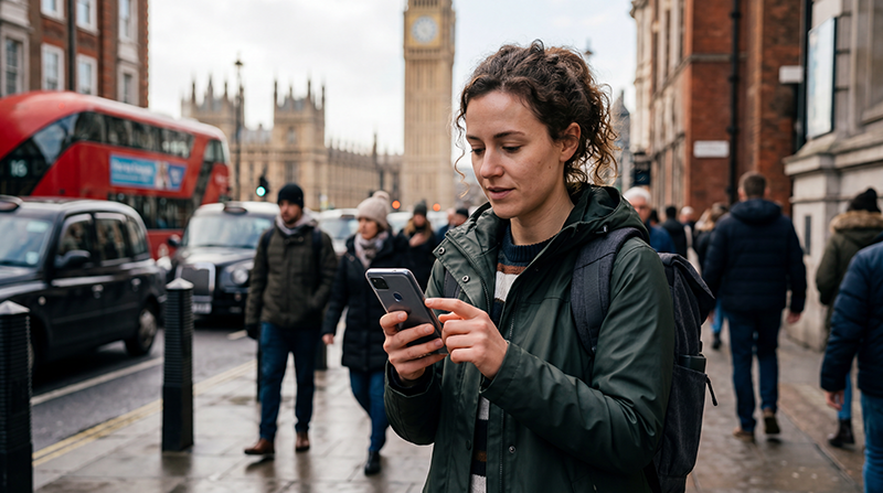 Traveler getting internet access in the United Kingdom using a smartphone in London.