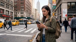Traveler using mobile internet and a USA eSIM while traveling in the United States.