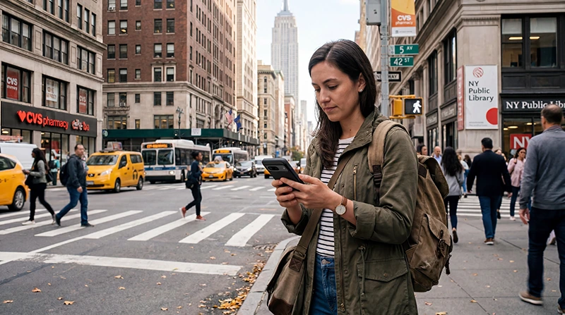 Traveler using mobile internet and a USA eSIM while traveling in the United States.