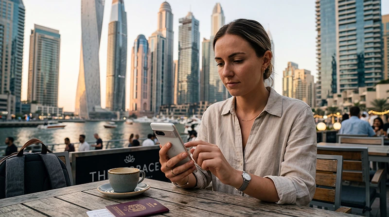 Traveler installing a Dubai eSIM on a smartphone while traveling in Dubai.