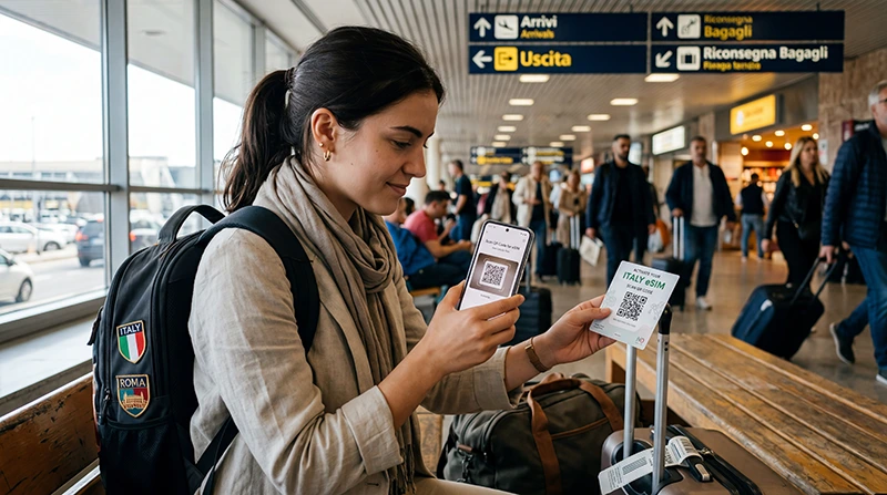 Traveler installing Italy eSIM on smartphone before travel
