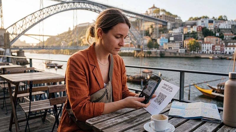 Traveler installing Portugal eSIM on smartphone before using mobile internet in Portugal