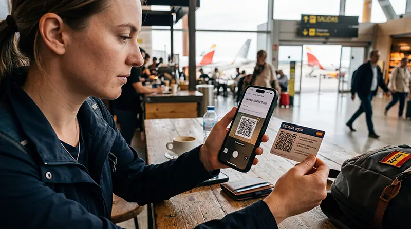 Traveler installing Spain eSIM on smartphone before travel