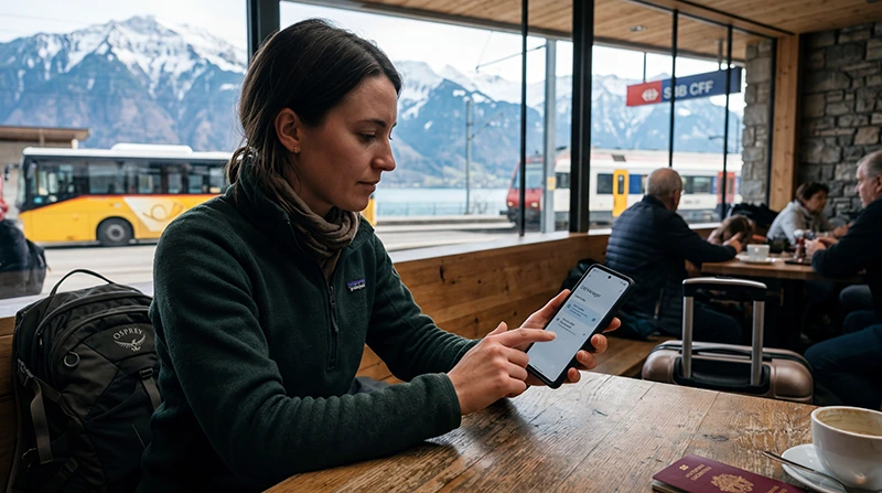Traveler installing Switzerland eSIM on smartphone before travel.