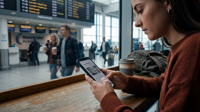 Traveler installing a UK eSIM on a smartphone before traveling to the United Kingdom.
